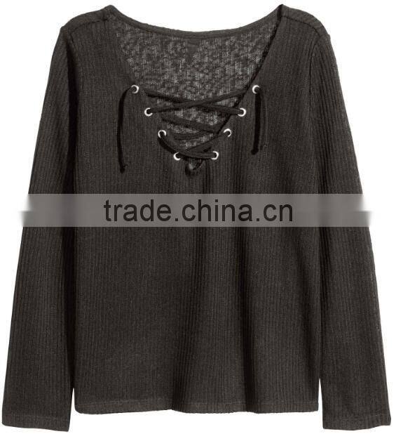 Ladies Wearing Hand Knitted Wool Sweaters with Lacing V-Neck Design