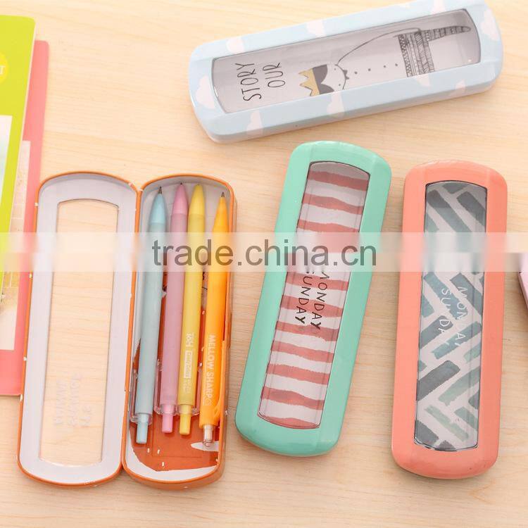 R1955H creative kawaii animal fruit pattern Iron Metal Transparent window Pencil Case box for pen Stationery Style Kids Gift