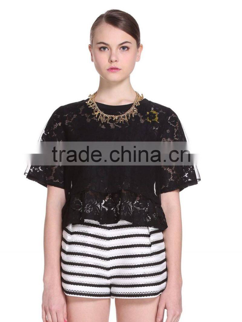 2016 ladies black lace loose style short sleeve O-neck shirt/blouse