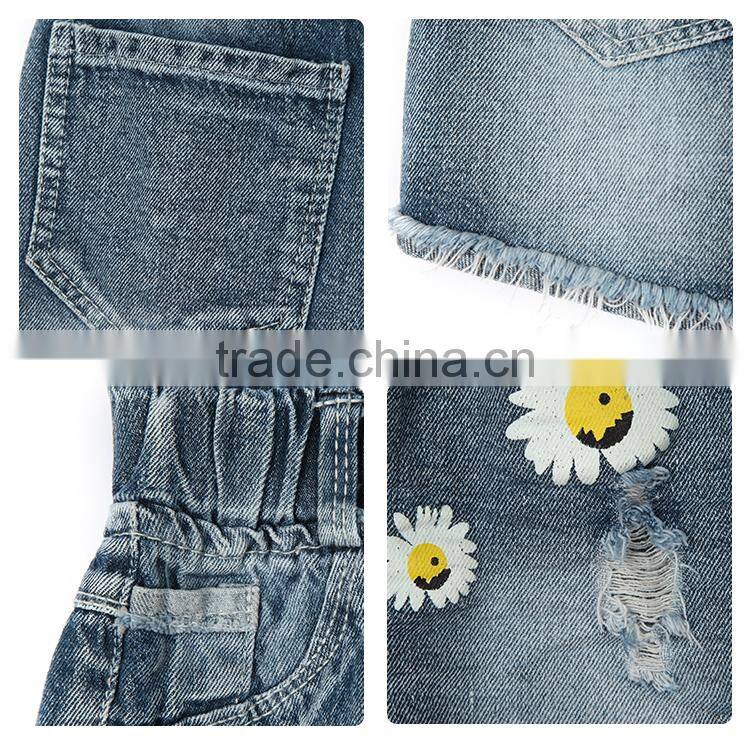 OEM service bulk wholesale sunflower print denim baby jeans with fray hem