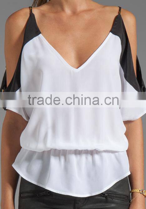 contrast color blocking elastic waist combo top