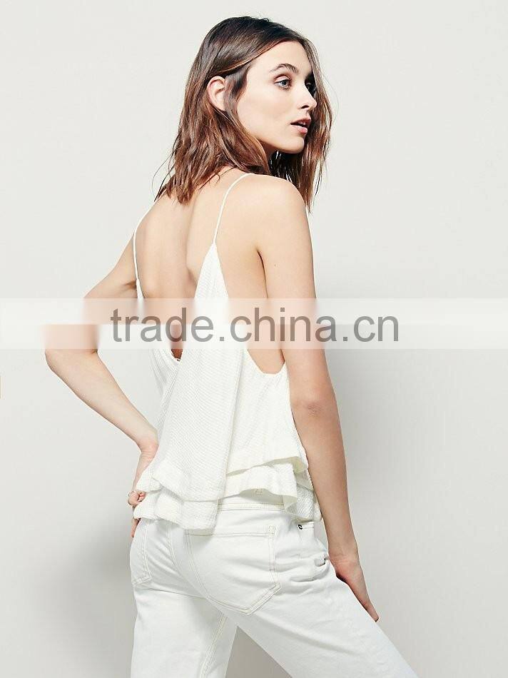 2016 Guangzhou Shandao Manufacture High Fashion Summer Sexy Spaghetti Strap Loose White Chiffon New Style Top For Girls