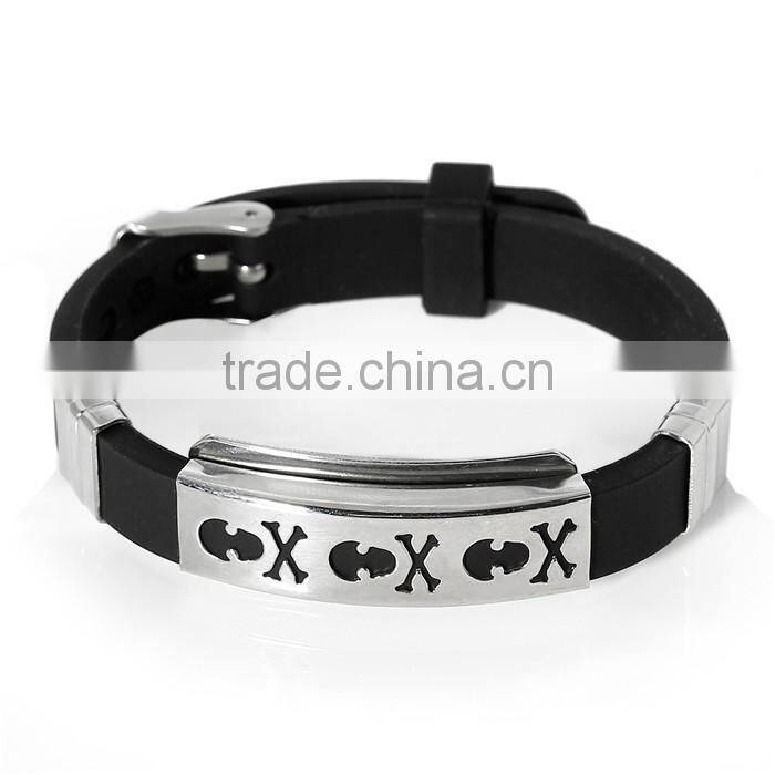 New Fashion Silicone Bracelets Black, 304 Stainless Steel Silver Tone Halloween Skull Carved 22.7cm Bracelets