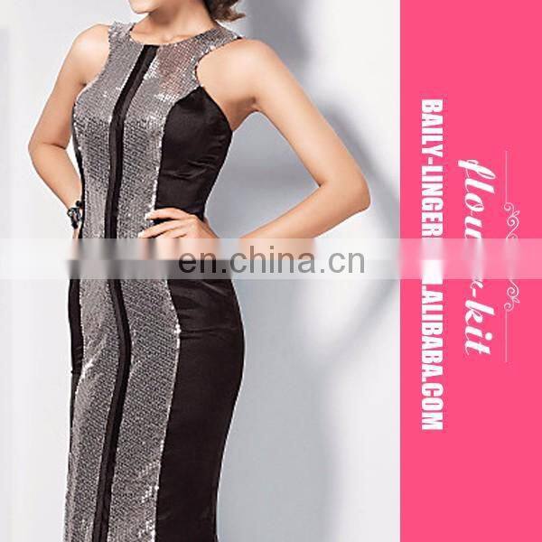 Fashoin Ultra Sexy Elegant Black Silver Sleeveless Nylon Spandex Spaghetti Strap Round Neck Squama Skinny Fashion Dress