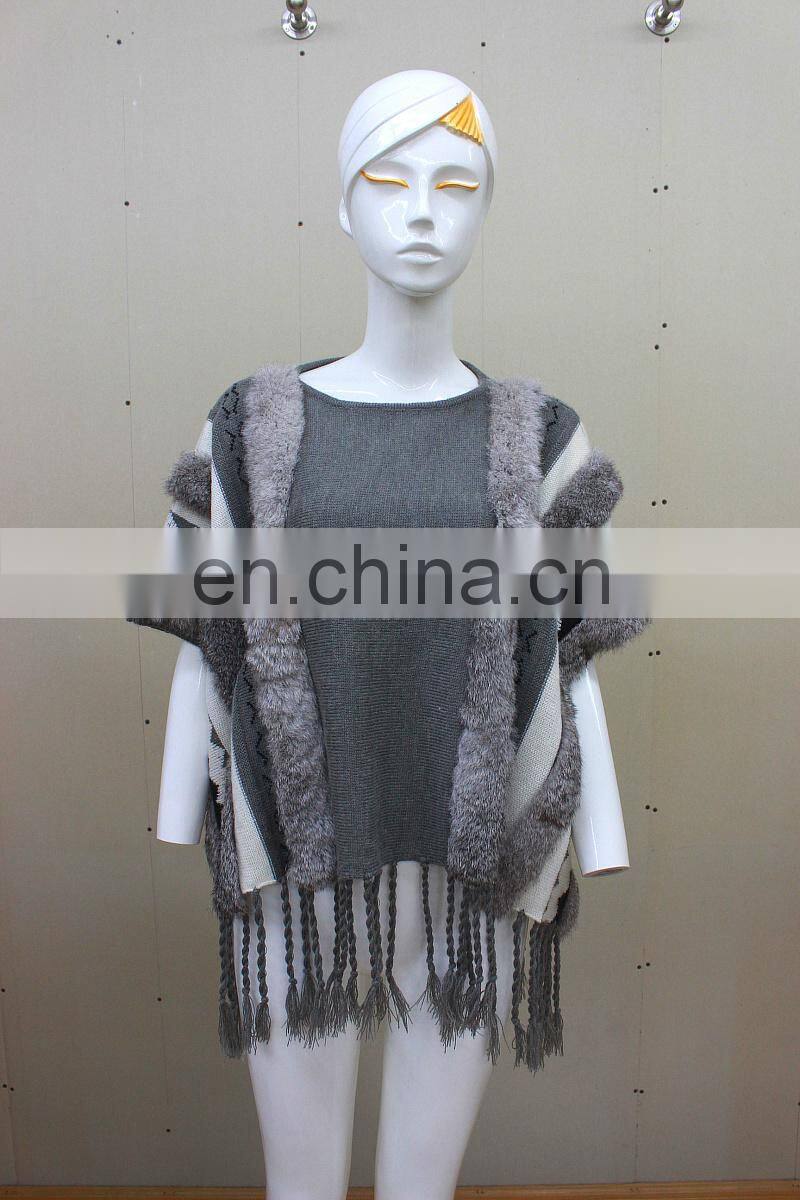 Vintage Style Rabbit Fur Knitted Shawls Fashionable Knit Shawls With Tassel Stylish Knitting Cape Poncho