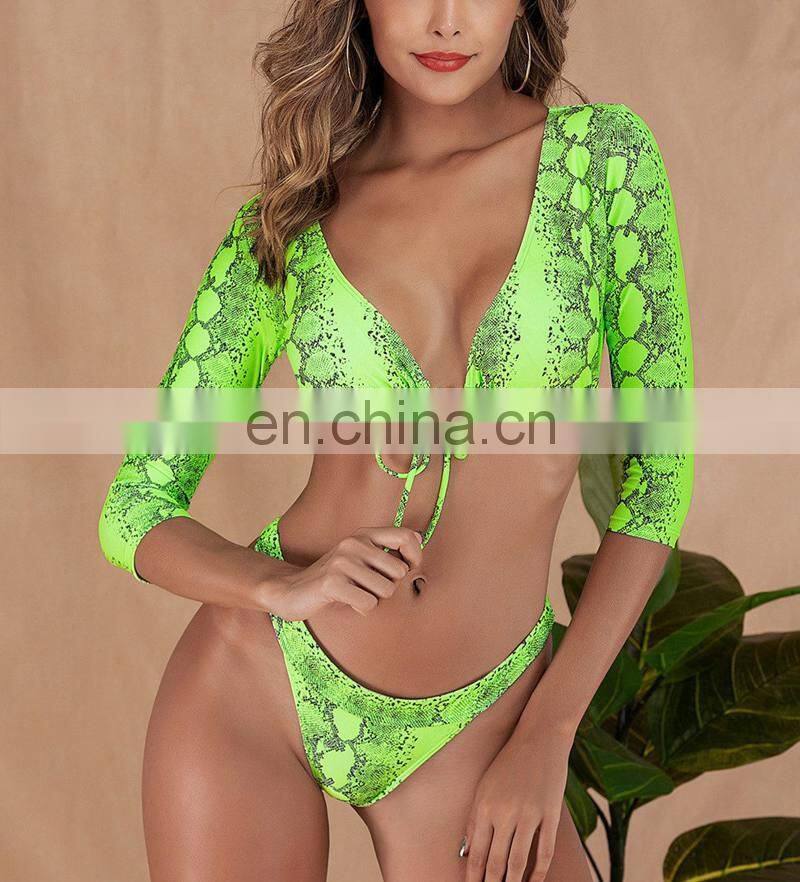 neon bikini thong bikini set Deep v-neck swimsuit female Snake print Bathing suit long sleeve woman swimwear 2019 new