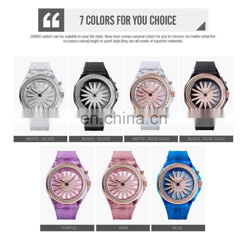 SKMEI 1536 LED backlight rotating colorful women watch unique design luxury quartz watch