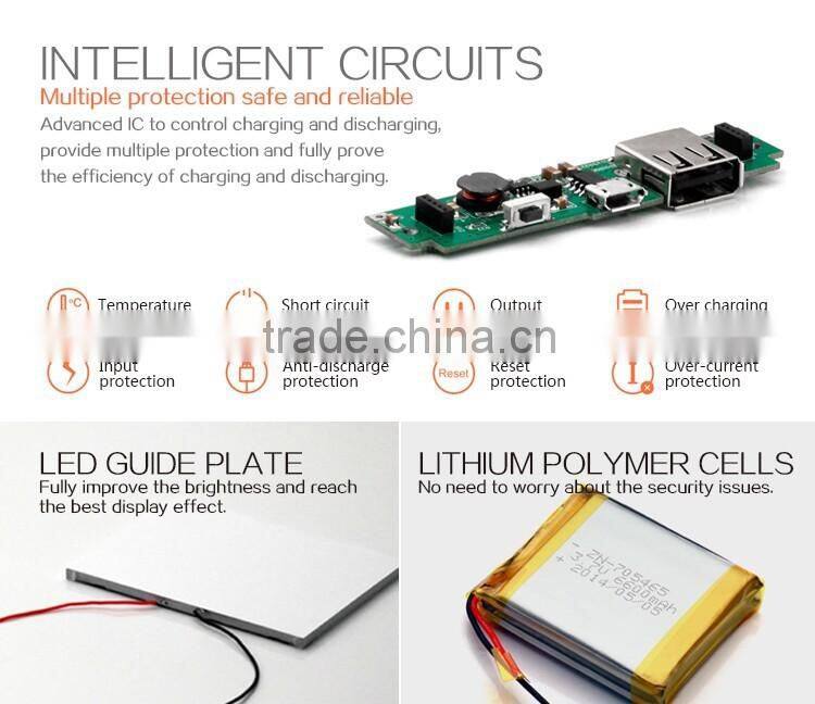 High quality mirror panel USB battery power bank with 6600mAh polymer