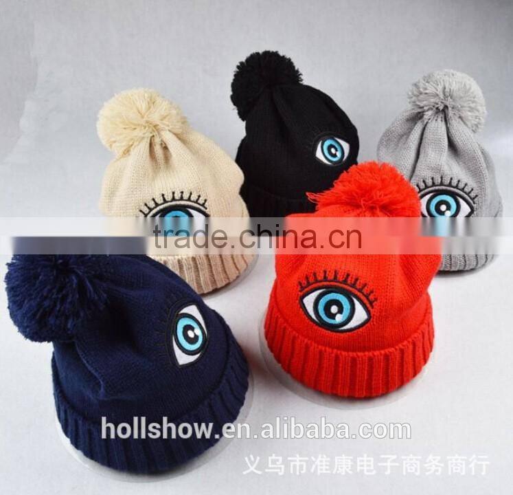 Personalized Eye Design Embroideried Plain Knitting Pom Pom Beanie Caps for Women