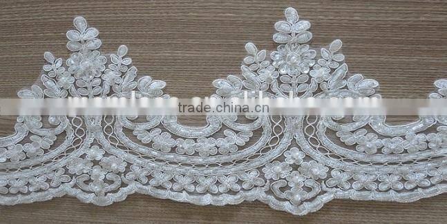 Embroidery ribbon and beaded corded bridal mesh lace