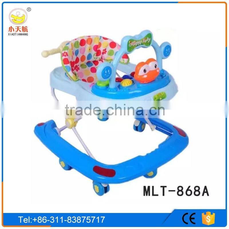 Cheap plastic wheels baby walker with 8 swivel wheels and adjustable pusher