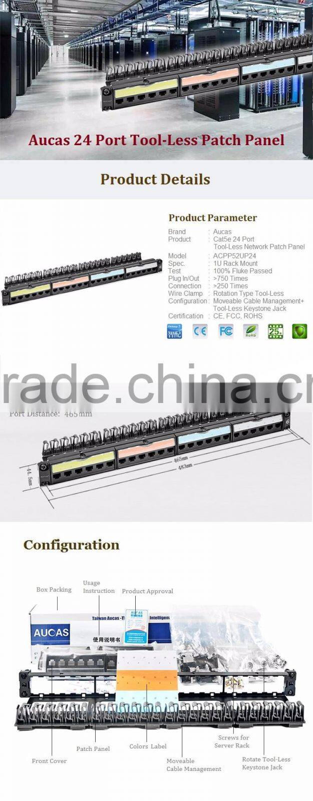 High Quality Tool-Less 24 Port Cat5e Aucas Patch Panel With Rack Cable Management Attached