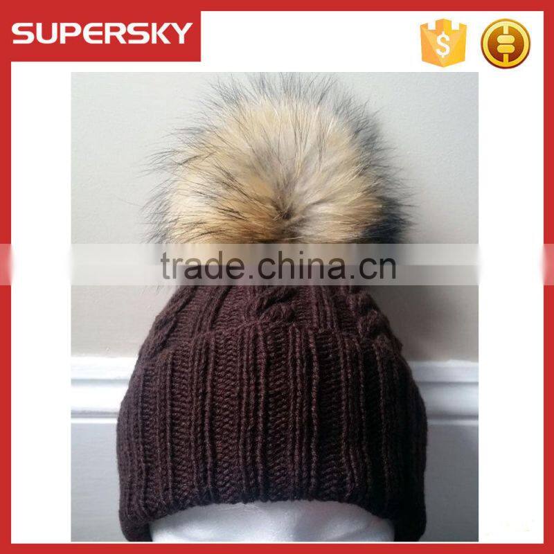 A-534 cable knit beanie with fur pom pom raccoon fur pom knitting beanie fur pom knit pattern cable beanie