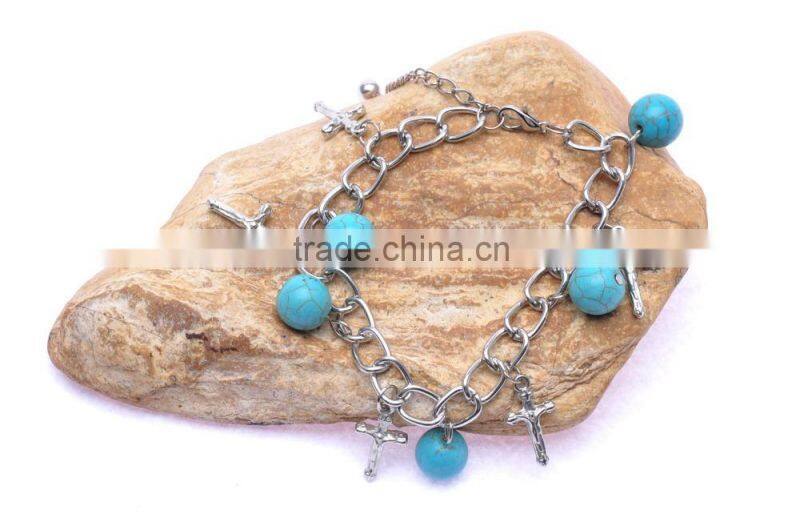 Tibetan Sliver Plated with Bead and Cross Pendant Turquoise Charm Bracelet & Bangle
