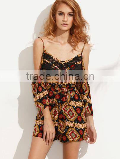 Bodysuits latest fashion design women clothing Multicolor Print Cold Shoulder Tie Waist Jumpsuit