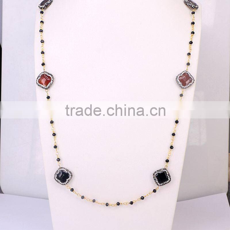 Pave Crystal Clover Druzy Agate Stone Necklace, Gold plated Wire Wrapped Beaded Rosary chain Black beads Necklace