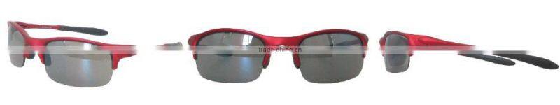 Red half frame sports glasses, comfortable black gloves, any movement are applicable