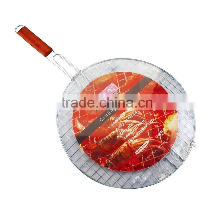 Made in China steel round bbq wire grill rack with wooden handle