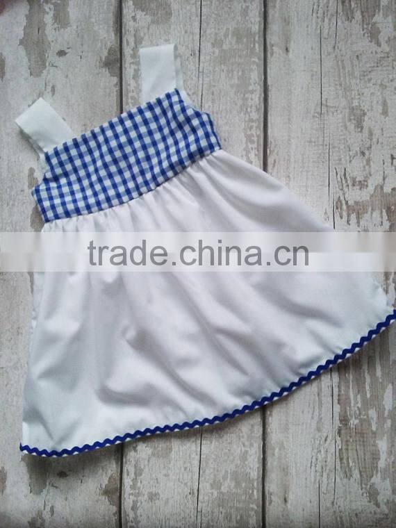 Wholesale Price Blue Grid With Bottom Ric Rac Short Frock Casual Dress