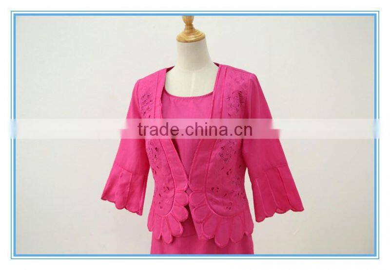 Linen Fabric Floral Embroidery Monogram Scallop Church Suits For Lady