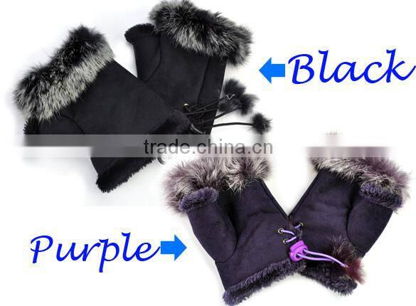 2015 New Women's Rabbit Fur Hand Wrist Fingerless Warm Winter Gloves 3379