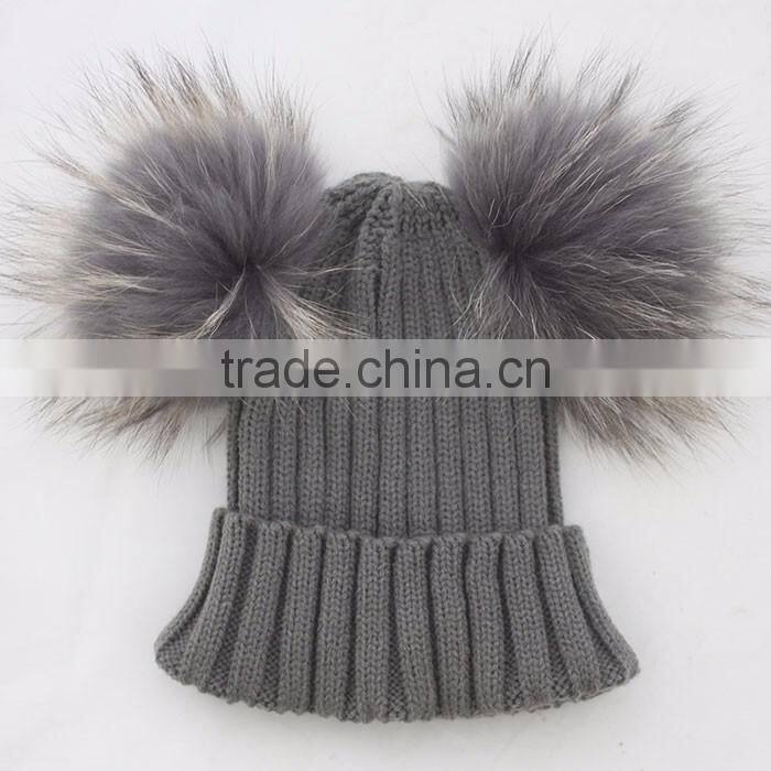 Myfur Dark Grey Wool Knitting Hat with Detachable Raccoon Fur Pom Poms