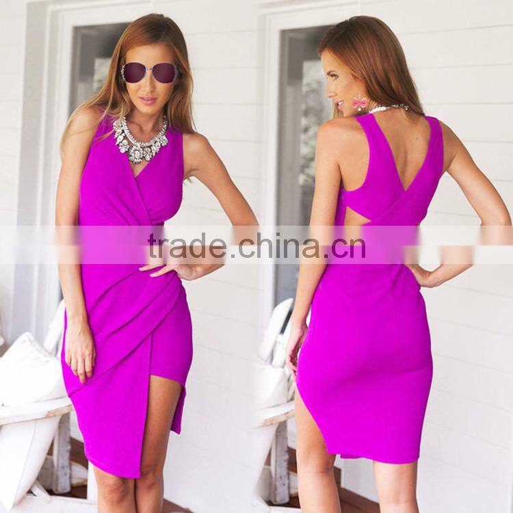 2016 wholesale Latest Design V-neck Sleeveless Long Beaded Pink Chiffon Party Dress
