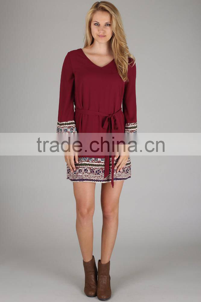 FASHION DRESS PRINTED BORDER SASH TIE DRESS