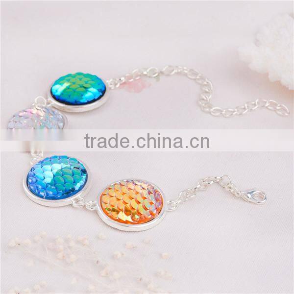 Resin Fish /Dragon Scale Bracelets Link Cable Chain Silver Plated Multicolor Round Fish Scale 17.5cm long