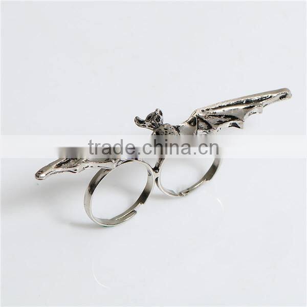 3D Adjustable Double Finger Ring Antique Silver Halloween Bat Animal Round 14.3mm
