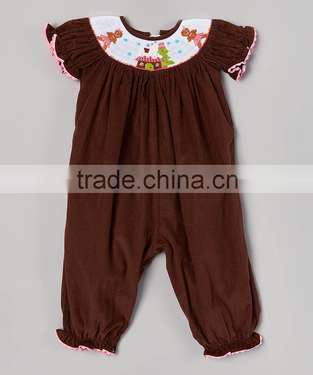 children Brown corduroy Smocked Romper baby winter clothing