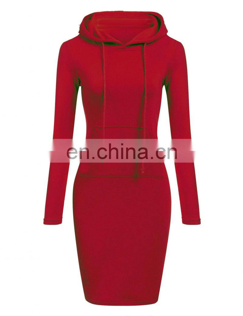 Wholesale custom fashion plain color pocket pullover casual drawstring pure color hoodie women long sleeve dress