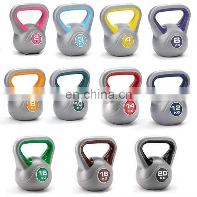 Durable vinyl and filled with cement plastic kettlebells set