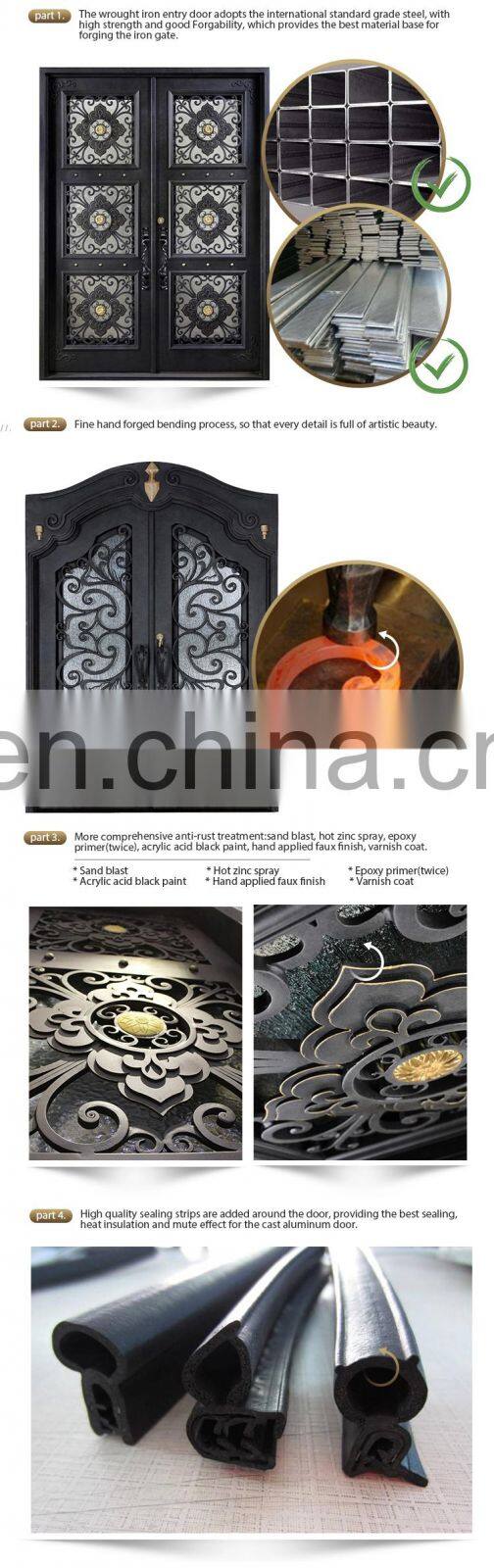 Arched Top Wrought Iron French Double Front Entry Door With Sidelights & Transom Exterior Steel Main Entrance Door Grill Design