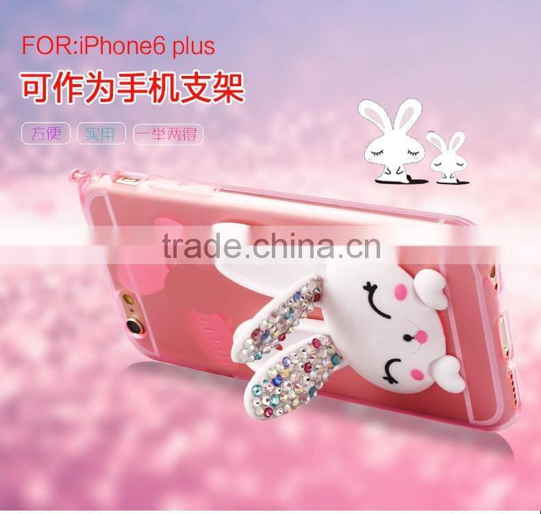 TPU Rhinestone Silicone Strap with Bracket Rabbit Fur Ball Case for iPhone 6S/6Plus