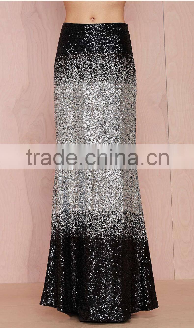 black silver gradient long fitted sequin maxi skirt