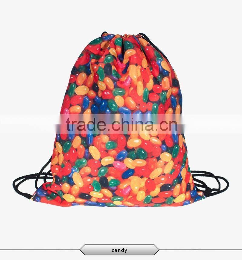 Waterproof polyester 3d printing candy design drawstring backpack