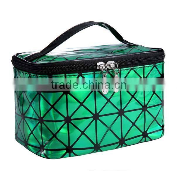 Hot sale high capacity geometric square pattern shiny pu cosmetic bag