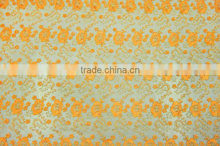 Embroidery design mesh lace fabric with gold cording wedding dress lace
