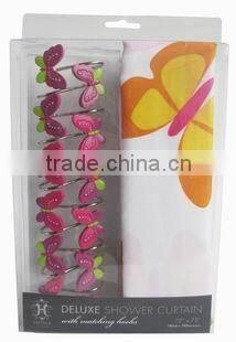 butterfly pattern design peva shower curtain with resin hooks
