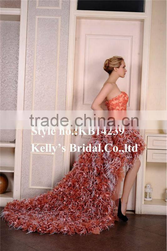 2015 sophisticated bead bodice flowers colored short wedding dress with long tail