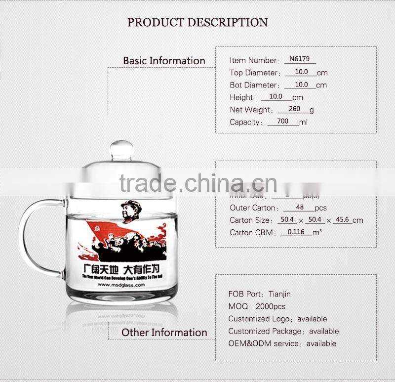 Chinese borosilicate drinking glass tea cup with lid and handle