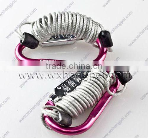 aluminum carabiner hook with rope&coded lock/ bicycle carabiner lock with cable/ bicycle combination lock set