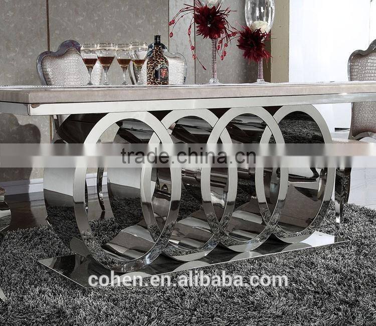 modern luxury polishing stainless steel dining table and chairs set with marble top furniture