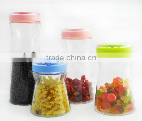 2016 new design personality clear thin-waist glass jar with handle lid