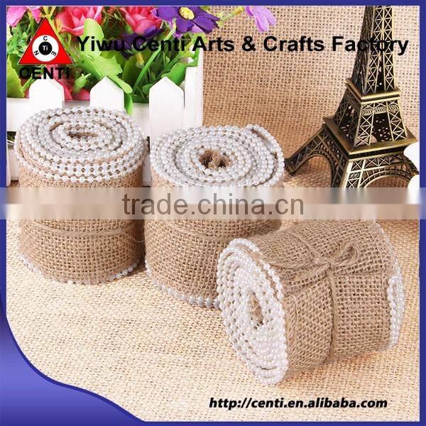 Natural Decorative Jute Hessian Burlap Ribbon With Pearl Wholesale