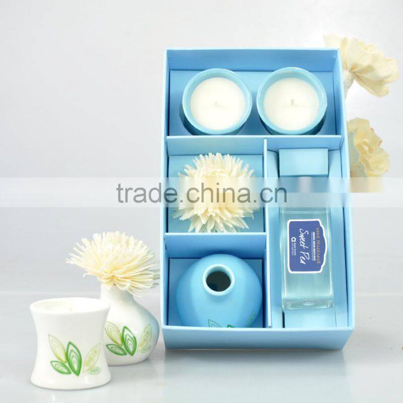 2015 hot fragrance ceramic diffuser gift set with sola flower soy candle