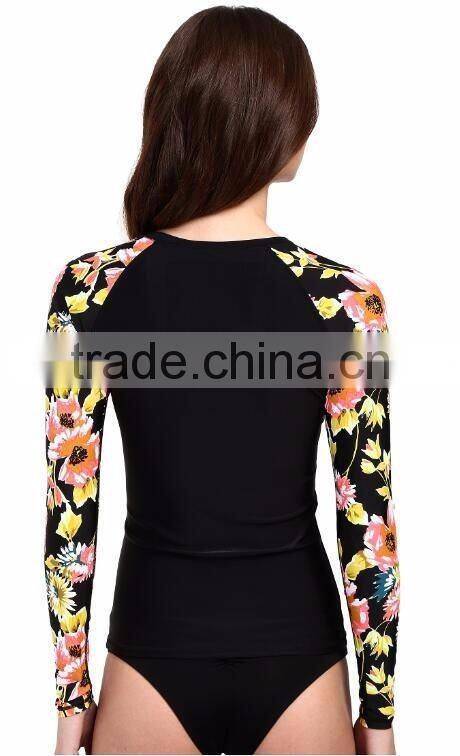 80% Nylon 20% Elastane Woman Lightweight Swimwear Raglan Sleeve Scoop Colorful Floral Print bjj Long Sleeve Surf Tee Rashguard