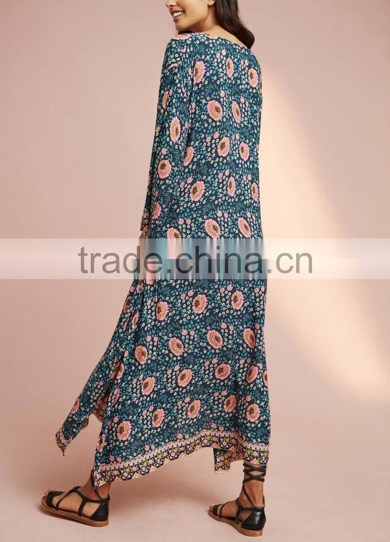 Boho Printed Long Sleeve Tie-Waist Details Frog Women Maxi Dress HSd5208