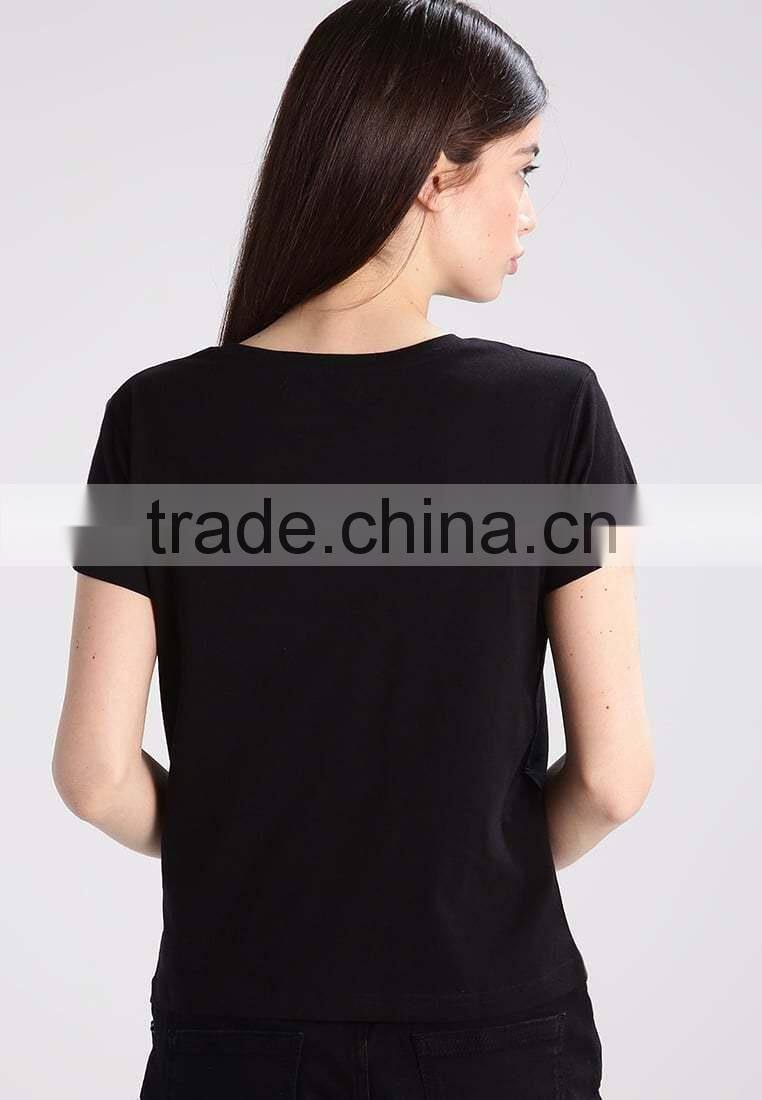 MGOO Hot Sale Low Cut Black T-shirts Fitness Screen Print Short Sleeve T-shirt For Women